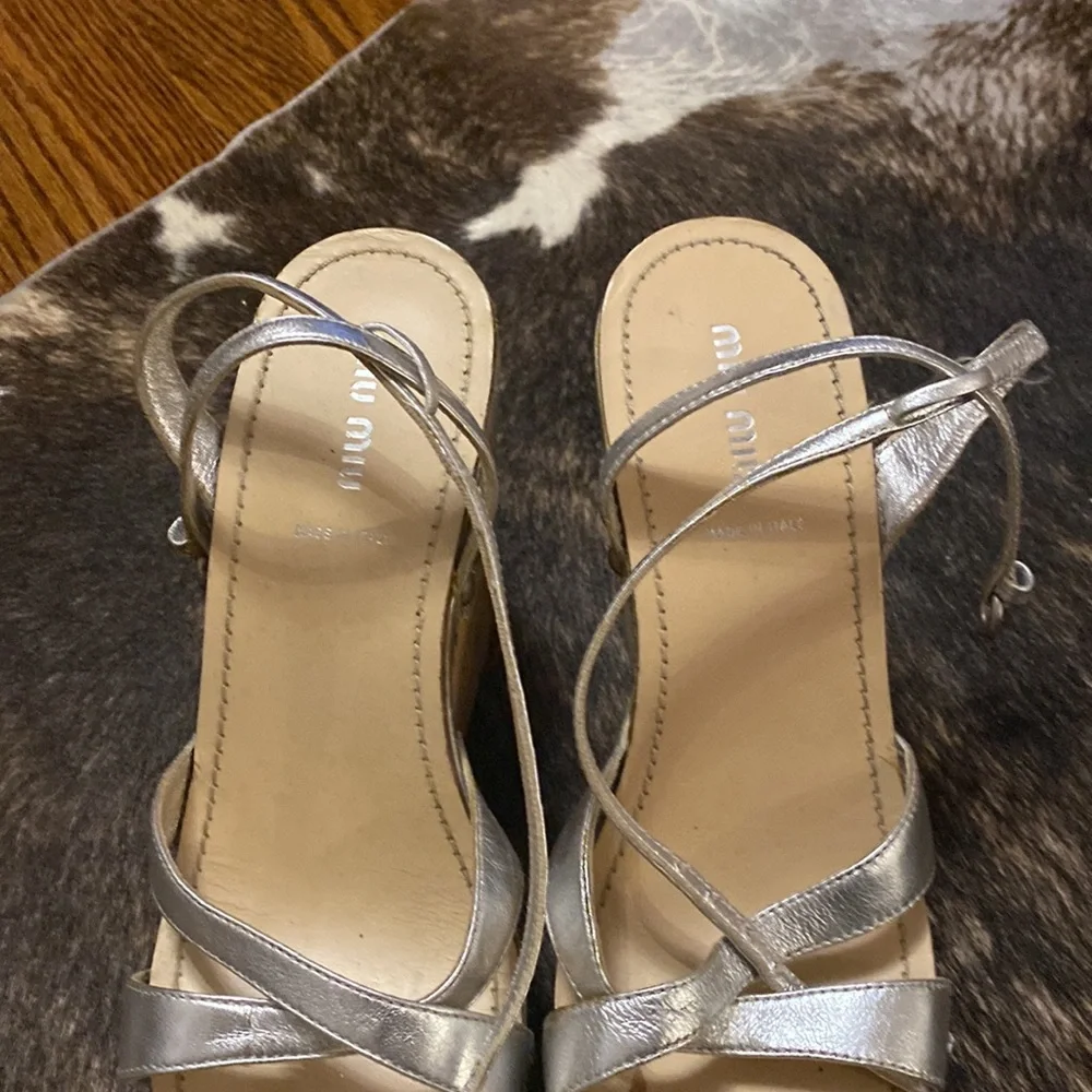 Silver miu miu cork wedge sandals size 39.5 gently worn. - Picture 2 of 4